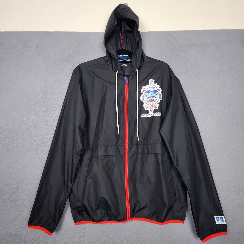 Adidas Windbreaker Jacket Mens Medium Black Hooded Zip Skateboarding Roger